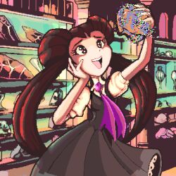 Rule 34 | 1girl, :d, ascot, brown eyes, brown hair, creatures (company), dress, fossil, game freak, glitch, grey dress, gym leader, hair pulled back, hand on own cheek, hand on own face, highres, holding, indoors, long hair, missingno., nintendo, open mouth, pink ascot, pixel art, pokemon, pokemon oras, roxanne (pokemon), saint delys, shelf, short sleeves, smile, solo, standing, twintails