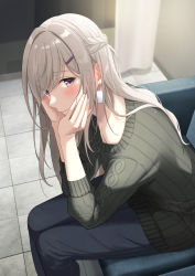 Rule 34 | 1girl, azuki yui, black pants, blush, braid, closed mouth, couch, earrings, feet out of frame, from side, green sweater, hair ornament, hairclip, hands on own face, highres, indoors, jewelry, long hair, long sleeves, looking at viewer, original, pants, purple eyes, silver hair, sitting, solo, sweater, tile floor, tiles