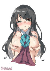 Rule 34 | 10s, 1girl, bare arms, bare shoulders, black hair, blue bow, blue bowtie, blush, bow, bowtie, breasts, commentary request, covering privates, covering breasts, ebifurya, highres, kantai collection, long hair, looking at viewer, medium breasts, multicolored hair, naganami (kancolle), no bra, parted lips, sidelocks, simple background, solo, sweat, twitter username, two-tone hair, upper body, white background, yellow eyes