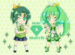 Rule 34 | 10s, bad id, bad pixiv id, boots, bow, bowtie, character name, chibi, choker, cure march, diamond (gemstone), dress, dual persona, green hair, kneehighs, long hair, midorikawa nao, necktie, one eye closed, ponytail, precure, ribbon, school uniform, skirt, sleeves rolled up, smile, smile precure!, socks, sweater vest, tri tails, wink