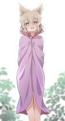 Rule 34 | 1girl, blush, brown eyes, cape, cape tug, cold, earmuffs, heart, heart-shaped eyes, highres, light brown hair, looking at viewer, momitoekk, open mouth, plant, pointy hair, purple cape, short hair, smile, solo, standing, touhou, toyosatomimi no miko, white background