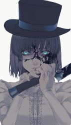 Rule 34 | 1girl, aqua eyes, bakushi (kaeritai0609), black hair, black hat, blood, blood on face, bloody weapon, charlotte corday (fate), charlotte corday (third ascension) (fate), fate (series), fingernails, frills, hat, highres, holding, holding knife, holding weapon, knife, parted lips, puffy sleeves, short hair, simple background, solo, upper body, weapon, white background, yandere