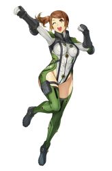 Rule 34 | 1girl, arms up, bodysuit, brown eyes, brown hair, clenched hands, full body, gloves, hair ornament, hairclip, highres, long hair, matching hair/eyes, olive oppert, one eye closed, open mouth, round teeth, side ponytail, simple background, solo, super robot wars, super robot wars x-omega, suspenders, teeth, white background