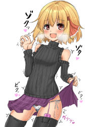 Rule 34 | 1girl, bare shoulders, black sweater, black thighhighs, blonde hair, blush, bow, bow panties, breasts, breath, clothes lift, controller, cowboy shot, fang, female focus, female masturbation, hair ornament, hands up, happy, heart, heart in eye, heavy breathing, highres, japanese text, lifted by self, long sleeves, looking at viewer, masturbation, miniskirt, open mouth, panties, plaid, plaid skirt, pleated skirt, purple skirt, pussy juice, red eyes, remote control, remote control vibrator, rumia, scarlet mirin, sex toy, short hair, side-tie panties, simple background, skindentation, skirt, skirt lift, small breasts, smile, solo, spoken heart, standing, sweat, sweater, symbol in eye, tears, thighhighs, touhou, trembling, turtleneck, underwear, vibrator, vibrator bulge, vibrator cord, vibrator in thighhighs, vibrator under clothes, vibrator under panties, waving, white background, white panties, zettai ryouiki