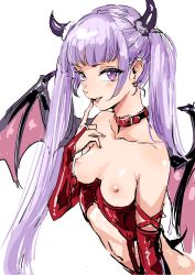 Rule 34 | 10s, 1girl, :d, alternate costume, blunt bangs, blush, breasts, breasts out, collar, demon girl, demon wings, elbow gloves, gloves, highres, horns, long hair, looking at viewer, navel, new game!, nipples, open mouth, osakana (denpa yun&#039;yun), purple eyes, purple hair, simple background, small breasts, smile, solo, suzukaze aoba, teeth, twintails, very long hair, white background, wings