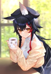 Rule 34 | 1girl, animal ear fluff, animal ears, asymmetrical hair, beret, black hair, black hat, blurry, blurry background, blush, braid, breasts, cardigan, cleavage, closed mouth, coffee cup, commentary, crossed bangs, cup, day, disposable cup, hair between eyes, hair ornament, hairclip, hat, holding, holding cup, hololive, izumi sai, jewelry, long hair, looking at viewer, medium breasts, multicolored hair, necklace, off shoulder, official alternate costume, ookami mio, ookami mio (street), orange eyes, paw print, paw print pattern, red hair, see-through, shirt, side braid, sidelocks, sitting, sleeveless, sleeveless shirt, sleeves past wrists, smile, solo, streaked hair, table, two-tone hair, upper body, virtual youtuber, white shirt, wolf ears, yellow cardigan
