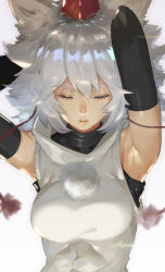 Rule 34 | 1girl, absurdres, animal ears, armpits, arms behind head, black gloves, breasts, closed eyes, elbow gloves, gloves, gorimaro, half-closed eyes, hat, highres, inubashiri momiji, lips, medium breasts, nose, parted lips, pom pom (clothes), simple background, sleeveless, solo, tokin hat, touhou, upper body, white background, white hair, wolf ears