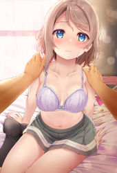 Rule 34 | 1girl, bad feet, blue bra, blue eyes, blush, bow, bow bra, bra, breasts, collarbone, commentary request, grey hair, hands on another&#039;s shoulders, komone ushio, lace, lace-trimmed bra, lace trim, looking at viewer, love live!, love live! sunshine!!, medium breasts, navel, on bed, pleated skirt, pov, short hair, skirt, solo focus, sweatdrop, underwear, undressing, watanabe you