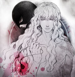 Rule 34 | 1boy, androgynous, behelit, berserk, blood, commentary, commentary request, eclipse, femto (berserk), griffith (berserk), holding, holding jewelry, holding necklace, jewelry, lipstick, long hair, looking at viewer, looking to the side, makeup, necklace, nude, solar eclipse, solo, wavy hair, white background, white hair, yattuke