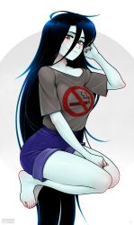 Rule 34 | absurdres, adventure time, artist name, bare legs, barefoot, bite mark, black hair, blue shorts, breasts, casual, closed mouth, collarbone, colored skin, fanbox username, feet, fenixman12, floating, full body, grey shirt, grey skin, hair between eyes, hand to head, highres, legs together, legs up, light smile, long hair, looking at viewer, marceline abadeer, medium breasts, no smoking, pale skin, patreon username, print shirt, red eyes, shirt, shirt tucked in, shorts, smile, thighs, toes, vampire, very long hair