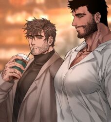Rule 34 | 2boys, bara, beard stubble, check copyright, chest hair peek, commission, copyright request, dark-skinned male, dark skin, dobek k, drinking, eyebrow cut, facial hair, from side, girl staring at guy&#039;s chest (meme), highres, large pectorals, looking at another, looking at pectorals, male focus, mature male, meme, multiple boys, muscular, muscular male, original, pectoral cleavage, pectorals, profile, short hair, staring, stubble, thick eyebrows, upper body, yaoi