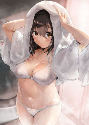 Rule 34 | 1girl, after bathing, arms up, black hair, blush, bra, breasts, cleavage, commission, drying, haguro (kancolle), hair between eyes, kantai collection, large breasts, looking at viewer, medium breasts, orange eyes, panties, see-through, short hair, skeb commission, smile, solo, toka (marchlizard), towel, towel on head, underwear, wet, white bra, white panties