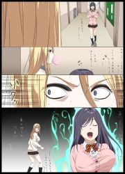 Rule 34 | 2girls, 4koma, :d, absurdres, aura, avril (kakitama), black background, black border, black hair, black socks, blonde hair, blue eyes, border, bow, bowtie, breasts, blowing bubbles, cardigan, chewing gum, choujo (kakitama), closed eyes, comic, commentary request, constricted pupils, eyeshadow, food, food on face, gradient background, hair between eyes, hallway, highres, kakitama, kneehighs, large breasts, lips, long hair, long sleeves, makeup, mole, mole under eye, multiple girls, music, musical note, open mouth, original, pink cardigan, pleated skirt, profile, shoes, singing, skirt, smile, socks, speed lines, striped bow, striped bowtie, striped clothes, striped neckwear, sweat, translation request, uwabaki, wide-eyed