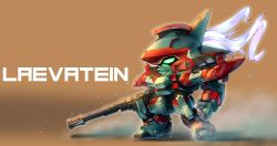 Rule 34 | ag 00000, arx-8 laevatein, chibi, clenched hand, floating hair, full metal panic!, green eyes, gun, highres, looking to the side, mecha, mecha focus, orange background, robot, solo, weapon, white hair