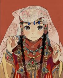 Rule 34 | 1girl, :|, black hair, blush, braid, closed mouth, earrings, grey eyes, hair ornament, hair over shoulder, hat, headdress, jewelry, long hair, looking at viewer, middle-eastern clothing, necklace, otoyomegatari, pariya, portrait, red background, simple background, solo, sunameri oishii, traditional clothes, twin braids, upper body