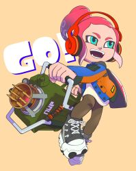 Rule 34 | 1boy, black footwear, blue eyes, blue shirt, brown pants, buttons, commentary request, english text, explosher (splatoon), headphones, highres, holding, holding weapon, ink tank (splatoon), inkling, inkling boy, inkling player character, nintendo, octoling, octoling girl, octoling player character, open mouth, orange shirt, pants, red hair, shirt, shoes, simple background, solo, splatoon (series), splatoon 3, teeth, two-tone footwear, two-tone shirt, weapon, white footwear, white shirt, xdies ds, yellow background