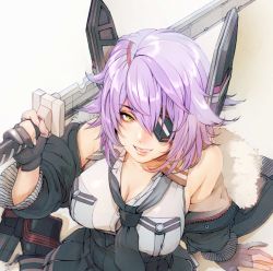 Rule 34 | 1girl, breasts, cleavage, eyepatch, fujii eishun, fur collar, gloves, headgear, holding, holding sword, holding weapon, kantai collection, long sleeves, looking at viewer, off shoulder, partially fingerless gloves, purple hair, shirt, sitting, sleeveless, sleeveless shirt, smile, solo, sword, tenryuu (kancolle), tenryuu kai ni (kancolle), wariza, weapon, yellow eyes