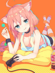 Rule 34 | 1girl, ahoge, animal ear fluff, animal ears, areola slip, blouse, blue eyes, blush, breasts, candy, cat ears, coca-cola, collar, controller, downblouse, food, game controller, hair between eyes, highres, hinata channel, lollipop, long hair, looking at viewer, loose clothes, loose shirt, low twintails, lying, nekomiya hinata, no bra, on stomach, open mouth, orange background, orange legwear, pillow, pink hair, polka dot, shirt, shorts, simple background, small breasts, smile, smug, solo, striped clothes, striped legwear, striped thighhighs, tam-u, tank top, thighhighs, twintails, virtual youtuber, white legwear, white shirt, wristband