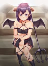 Rule 34 | 10s, 1girl, black gloves, blush, breasts, cleavage, demon girl, demon horns, demon wings, gabriel dropout, gloves, horns, looking at viewer, medium breasts, o-ring, o-ring top, polearm, purple eyes, purple hair, rixch, smile, solo, stairs, trident, vignette tsukinose april, weapon, wings