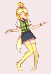 Rule 34 | 1girl, absurdres, animal crossing, animal ears, artist name, blonde hair, blue skirt, blush stickers, bracelet, breasts, bsapricot, closed eyes, closed mouth, dancing, dog ears, dog tail, female focus, full body, green vest, grey background, hair tie, hands up, happy, highres, isabelle (animal crossing), jewelry, jpeg artifacts, knees together feet apart, meme, miniskirt, motion blur, neck ribbon, nintendo, personification, pigeon-toed, plaid, plaid vest, red ribbon, ribbon, shirt, short hair, short sleeves, signature, simple background, skirt, small breasts, smile, solo, standing, tail, thighhighs, topknot, twitter username, vest, white shirt, wristband, yellow thighhighs, zettai ryouiki
