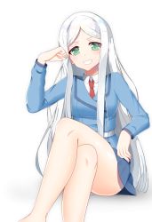 Rule 34 | 1girl, aleis-tan, aleister crowley (toaru majutsu no index), ass, bad id, bad pixiv id, belt, blouse, blue dress, collared shirt, crossed legs, dress, dress shirt, feet out of frame, green hair, grin, invisible chair, legs, long hair, long sleeves, merc tn, necktie, parted bangs, red necktie, shirt, short dress, sitting, smile, smug, solo, toaru majutsu no index, toaru majutsu no index: new testament, very long hair, white belt, white hair, white shirt