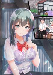 Rule 34 | 1boy, 1girl, aqua hair, bad id, bad twitter id, black hair, blush, bow, bowtie, bra, breasts, brown legwear, bus stop, cleavage, collarbone, faceless, faceless male, frilled skirt, frills, green eyes, highres, jacket, kantai collection, kuroame (kurinohana), long sleeves, looking at another, looking at viewer, loose neckwear, medium breasts, multiple views, open clothes, open shirt, pleated skirt, purple bra, seductive smile, see-through, shirt, short hair, short sleeves, skirt, smile, suzuya (kancolle), suzuya kai ni (kancolle), underwear, wet, wet clothes, white shirt
