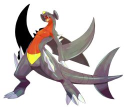 Rule 34 | claws, commentary request, creatures (company), full body, game freak, garchomp, gen 4 pokemon, legs apart, nintendo, no humans, open mouth, pokemon, pokemon (creature), ryanpei, sharp teeth, simple background, solo, spikes, standing, teeth, tongue, white background