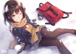 Rule 34 | 1girl, alternate costume, arm support, artist name, backpack, bag, black gloves, black hair, black pantyhose, blue coat, bow, bowtie, brown cardigan, brown eyes, brown hair, cardigan, coat, commentary request, failure penguin, gloves, grey skirt, grin, hair ornament, jacket, kantai collection, looking at viewer, morigami (morigami no yashiro), one eye closed, open clothes, open coat, outdoors, pantyhose, plaid, plaid scarf, pleated skirt, red bow, red bowtie, remodel (kantai collection), scarf, school uniform, sendai (kancolle), shirt, sidelocks, sitting, skirt, smile, snow, snow on head, snowball, snowing, solo, twitter username, two side up, white shirt, yellow scarf