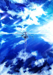 Rule 34 | 1girl, belt, blue hair, blue sky, blue theme, cloud, cloudy sky, commentary, detached sleeves, from behind, full body, hair ornament, hatsune miku, highres, long hair, looking away, namikaze bon, ocean, outstretched arm, reflection, scenery, seascape, shirt, shooting star, skirt, sky, sleeveless, sleeveless shirt, solo, standing, standing on liquid, twintails, very long hair, vocaloid, water