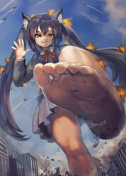 1girl animal_ears barefoot blue_hair brown_eyes building city destruction explosion foot_focus giant giantess k-on! looking_down macrophilia nakano_azusa skirt smile toes twintails yilx