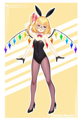 Rule 34 | 1girl, absurdres, animal ears, arms at sides, bare shoulders, bespectacled, black-framed eyewear, black footwear, black gloves, black leotard, blonde hair, bow, bowtie, breasts, brown pantyhose, character name, cleavage, commentary request, covered navel, crossed bangs, crystal, detached collar, detached sleeves, fake animal ears, flandre scarlet, full body, glasses, gloves, hair ribbon, high heels, highres, legs apart, leotard, orange eyes, pantyhose, playboy bunny, rabbit ears, red bow, red bowtie, red ribbon, ribbon, semi-rimless eyewear, short hair, side ponytail, solo, standing, strapless, strapless leotard, teeth, touhou, under-rim eyewear, upper teeth only, wings, wu yao jun