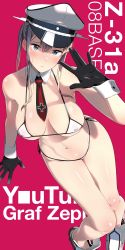 Rule 34 | 1girl, alternate costume, bikini, black gloves, blonde hair, blue eyes, breasts, comiket 94, covered erect nipples, cross, detached collar, eight tohyama, from above, gloves, graf zeppelin (kancolle), groin, hair between eyes, hand up, hat, high ponytail, highres, iron cross, kantai collection, large breasts, micro bikini, military hat, necktie, peaked cap, red background, rudder footwear, shiny skin, side-tie bikini bottom, sidelocks, solo, swimsuit, thighs, title, twintails, white hat, wrist cuffs