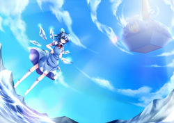 Rule 34 | 1girl, blue eyes, blue hair, bow, cirno, cloud, day, dress, female focus, full body, hair bow, highres, huangquan dong (sinchi), ice, matching hair/eyes, outdoors, short hair, sky, socks, solo, touhou, wings