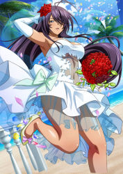 Rule 34 | 1girl, absurdly long hair, antenna hair, armpits, bouquet, breasts, bridge, cleavage, dark-skinned female, dark skin, day, dress, female focus, flower, footwear bow, hair over one eye, high heels, holding, holding bouquet, ikkitousen, kan&#039;u unchou, large breasts, long hair, looking at viewer, outdoors, pumps, purple hair, see-through, shiny skin, sky, smile, solo, standing, standing on one leg, very long hair, wedding dress