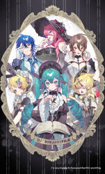 2boys 4girls aqua_eyes aqua_hair bishounen black_dress black_hat blonde_hair blue_eyes blue_hair blush bonnet book brown_eyes brown_hair colored_eyelashes curled_ends dress earrings english_text eyelashes gloves gothic_lolita hair_between_eyes hat hatsune_miku heterochromia highres jewelry kagamine_len kagamine_rin kaito_(vocaloid) kako_(pixiv77158173) lolita_fashion long_hair long_sleeves looking_at_viewer megurine_luka meiko_(vocaloid) monocle multiple_boys multiple_girls nail_polish open_book open_mouth pink_hair red_eyes short_hair smile twintails very_long_hair vocaloid white_gloves