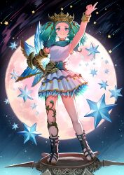 Rule 34 | 1girl, aqua hair, arm up, asymmetrical wings, black footwear, blue eyes, blue scarf, blue wings, bracelet, chinese commentary, commentary request, contrapposto, curly hair, dress, final fantasy, final fantasy xiv, full body, full moon, gauntlets, hand on own hip, highres, huge moon, index finger raised, jewelry, leg wrap, legs apart, looking at viewer, medium hair, menphina, moon, night, night sky, outstretched arm, sandals, sash, scarf, shooting star, short twintails, sidelocks, single gauntlet, sky, sleeveless, sleeveless dress, smile, solo, standing, tiara, twintails, ver-aero, white dress, wings