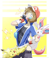 Rule 34 | ash ketchum, ash ketchum (cosplay), baseball cap, blue eyes, brown hair, cosplay, covered mouth, creatures (company), forced, game freak, gen 1 pokemon, gen 6 pokemon, gloves, hat, materclaws, nintendo, pikachu, pokemon, pokemon (anime), pokemon xy (anime), scared, serena (pokemon), sylveon, thunder, undressing