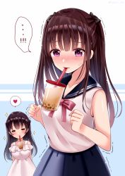Rule 34 | ...!, 2girls, bare arms, bare shoulders, black bow, black sailor collar, black skirt, blue background, blush, bow, breasts, brown hair, bubble tea, bubble tea challenge, commentary request, cup, disposable cup, dress, drinking straw, closed eyes, hair bow, heart, long hair, medium breasts, mouth hold, multiple girls, nose blush, off-shoulder dress, off shoulder, original, parted lips, pink bow, pleated skirt, purple eyes, sailor collar, sakura hiyori, shirt, skirt, sleeveless, sleeveless shirt, small breasts, sparkle, spoken heart, sweat, trembling, two-tone background, two side up, very long hair, white background, white dress, white shirt