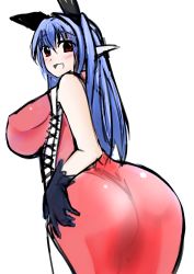 Rule 34 | 1girl, ashling (no-plan), ass, bare shoulders, blue hair, breasts, covered erect nipples, curvy, female focus, from behind, gloves, hair ornament, huge ass, huge breasts, kawasumi (ashling), long hair, looking back, open mouth, original, panties, pointy ears, red eyes, see-through, simple background, solo, standing, underwear, white background