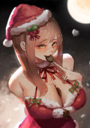 Rule 34 | 1girl, christmas, christmas tree, dress, emma (color me red) (nikke), emma (nikke), goddess of victory: nikke, hat, highres, light brown hair, long hair, looking at viewer, neck ribbon, official alternate costume, open mouth, pom pom (clothes), red dress, red footwear, red ribbon, ribbon, santa hat, sleeveless, sleeveless dress, smile, solo, yinxie danqing