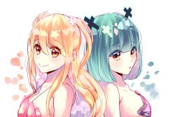 Rule 34 | 2girls, alternate form, bare arms, bare shoulders, blonde hair, blush, bra, bracelet, brandish mew, breasts, brown eyes, cleavage, closed mouth, collarbone, fairy tail, fins, fish tail, full body, green eyes, green hair, groin, hair tie, hand tattoo, hand up, jewelry, large breasts, long hair, looking down, lucy heartfilia, matching hair/eyes, mermaid, mermaid transformation, monster girl, multiple girls, navel, necklace, pearl bracelet, pearl necklace, short hair, sky, star (sky), star (symbol), starry sky, surprised, tail, tattoo, transformation, twintails, underboob, underwear
