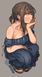 Rule 34 | 1girl, artist logo, artist name, black hair, blue dress, blush, breasts, cleavage, closed mouth, collarbone, dress, earrings, ergot, fingernails, fubuki (kancolle), green eyes, green nails, grey background, heart lock (kantai collection), highres, jewelry, kantai collection, medium breasts, nail polish, off-shoulder dress, off shoulder, ring, sandals, short hair, short ponytail, short sleeves, simple background, solo, squatting, toenail polish, toenails, toes, wedding ring