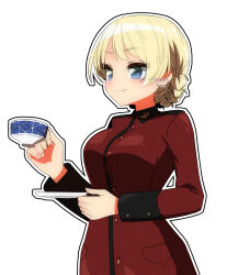 Rule 34 | 1girl, 3085fes, artist name, black outline, blonde hair, blue eyes, braid, closed mouth, cup, darjeeling (girls und panzer), girls und panzer, highres, holding, holding cup, holding saucer, jacket, long sleeves, looking to the side, military uniform, outline, red jacket, saucer, short hair, simple background, smile, solo, st. gloriana&#039;s military uniform, teacup, uniform, white background