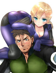 Rule 34 | 1boy, 1girl, :c, aqua eyes, ass, black hair, blonde hair, blush, bodysuit, breasts, carrying, chris redfield, cleavage cutout, clothing cutout, fireman&#039;s carry, jill valentine, large breasts, looking at viewer, nagare, resident evil, resident evil 5, shoulder carry