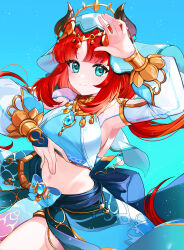 Rule 34 | 1girl, absurdres, arm up, armpits, blue eyes, blue skirt, brooch, commentary request, crop top, fake horns, genshin impact, highres, horns, jewelry, long hair, long sleeves, looking at viewer, midriff, navel, nilou (genshin impact), red hair, sali (sail myeon), skirt, smile, solo, stomach, veil
