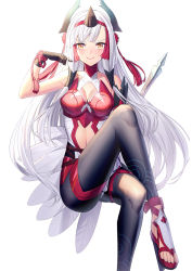 Rule 34 | &gt;:), 1girl, bare shoulders, black gloves, black legwear, blush, breasts, brown eyes, character request, closed mouth, clothing cutout, collarbone, commentary request, covered collarbone, crossed legs, fate/grand order, fate (series), feathers, feet out of frame, gloves, hand up, highres, horns, kiichi hougen (fate), leotard, long hair, looking at viewer, medium breasts, navel, navel cutout, red footwear, ririko (zhuoyandesailaer), sandals, simple background, single horn, smile, solo, v-shaped eyebrows, very long hair, white background, white feathers, white hair, white leotard