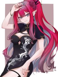 Rule 34 | 1girl, alternate costume, baobhan sith (fate), black nails, border, bracelet, braid, breasts, china dress, chinese clothes, choker, cleavage, cleavage cutout, closed mouth, clothing cutout, dragon print, dress, ear piercing, fate/grand order, fate (series), flower, french braid, grey eyes, grey hair, hair flower, hair intakes, hair ornament, highres, jewelry, kawairuka ko, long hair, looking at viewer, medium breasts, multicolored hair, piercing, pointy ears, ponytail, red flower, red hair, red rose, ring, rose, slit pupils, smile, solo, two-tone hair, white border