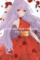 Rule 34 | 1girl, bad id, bad twitter id, character name, dated, flower, happy birthday, highres, long hair, looking at viewer, macross, macross delta, mikumo guynemer, osatsu a, purple hair, red eyes, red flower, red rose, rose, solo, very long hair