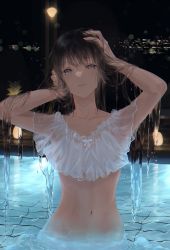 Rule 34 | 1girl, absurdres, arms up, bikini, black hair, city lights, closed mouth, collarbone, hands on own head, highres, looking at viewer, navel, night, original, partially submerged, pool, purple eyes, see-through, smile, solo, stomach, swimsuit, white bikini
