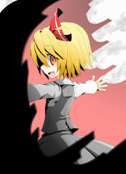 Rule 34 | 1girl, blonde hair, darkness, embodiment of scarlet devil, fang, female focus, gradient background, hair ribbon, hecchi (blanch), looking back, open mouth, outstretched arms, red eyes, ribbon, rumia, short hair, smile, solo, spread arms, touhou